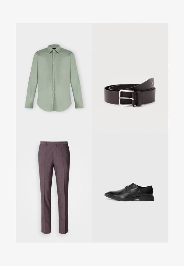 Chemise vert clair à manches longues, boutonnée, avec col pointu et ourlet arrondi, présentée à plat sur fond blanc.; Pantalons sur mesure pour hommes dans une teinte violette douce, présentant une texture lisse, une coupe droite et des plis avant pour un détail supplémentaire.; Chaussure habillée en cuir noir avec une texture lisse, bout pointu, design à lacets à six œillets et un petit talon rectangulaire. Détail de marque subtil sur le côté.; Ceinture en cuir marron avec une finition lisse, équipée d'une boucle rectangulaire en métal argenté et d'un détail de couture contrastante.