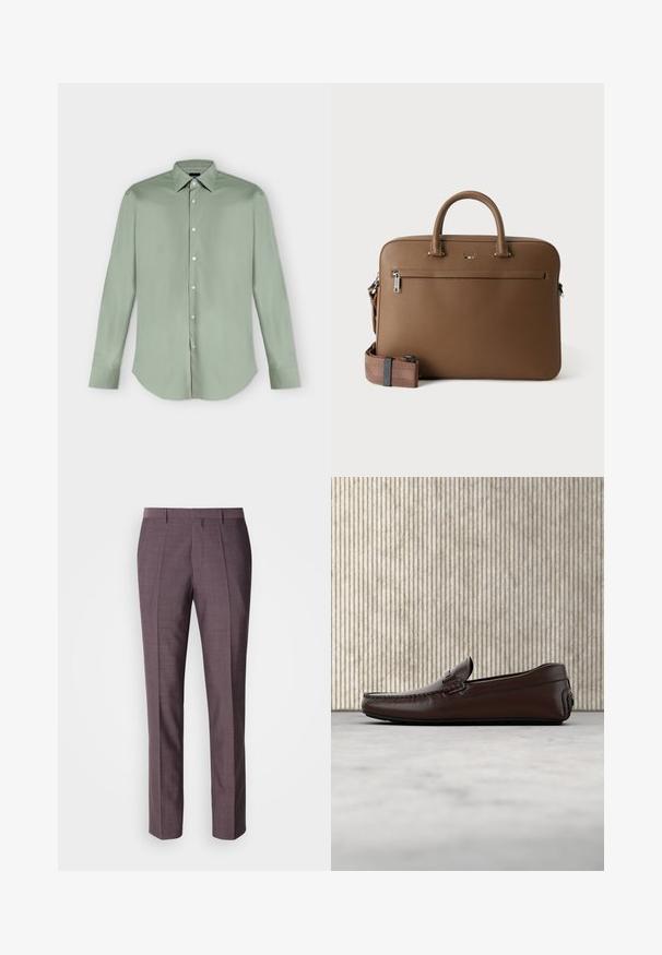 Chemise vert clair à manches longues, boutonnée, avec col pointu et ourlet arrondi, présentée à plat sur fond blanc.; Pantalons sur mesure pour hommes dans une teinte violette douce, présentant une texture lisse, une coupe droite et des plis avant pour un détail supplémentaire.; Mocassins en cuir marron avec une finition lisse, des coutures de style mocassin, un bout rehaussé et une semelle en caoutchouc basse et flexible.; Mallette en cuir marron avec poignées supérieures, poche avant zippée et bandoulière assortie amovible sur fond blanc.