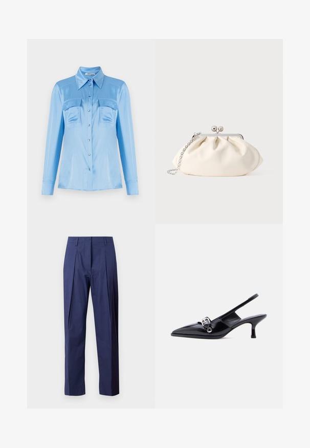 Camisa satinada azul claro de botones, con mangas largas, dos bolsillos frontales y un cuello puntiagudo. Presenta botones perlados y una textura suave.; Pantalones azul marino de tejido ligero, con corte recto, pliegues frontales y una textura suave.; Zapato de charol negro con talón bajo tipo slingback, punta puntiaguda y detalle de hebilla plateada sobre fondo blanco liso.; Bolso de mano de tela color crema con diseño fruncido, marco metálico plateado, dos bolas decorativas y correa de cadena plateada.