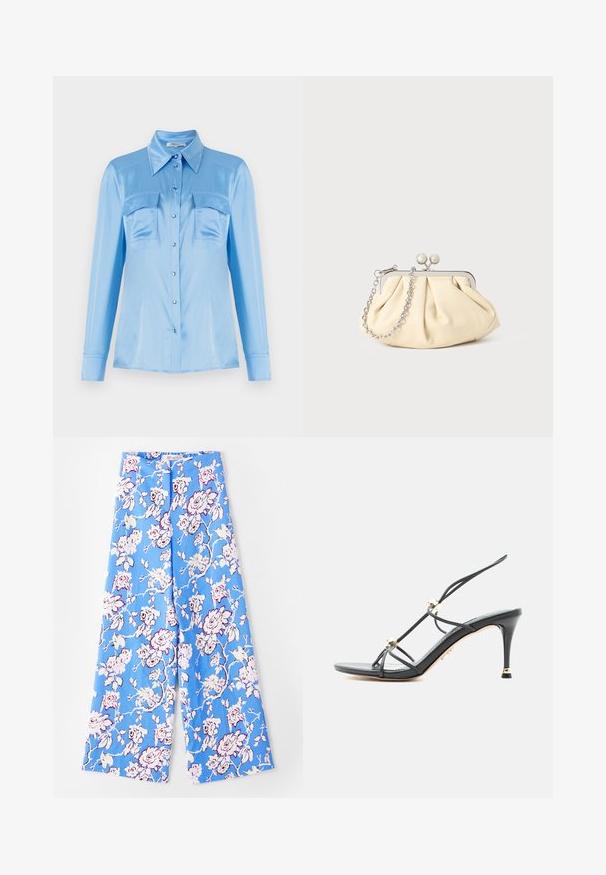 Camisa satinada azul claro de botones, con mangas largas, dos bolsillos frontales y un cuello puntiagudo. Presenta botones perlados y una textura suave.; Pantalones florales azules con un patrón de rosas en tonos pastel. La tela es suave, con un corte relajado, piernas anchas y una cinturilla elástica.; Sandalia de tacón alto negra con tiras delgadas y detalles de cuentas doradas en un tacón de aguja puntiagudo.; Clutch de cuero beige plisado con un marco de metal plateado, que cuenta con dos broches decorativos redondos y una correa de cadena plateada.