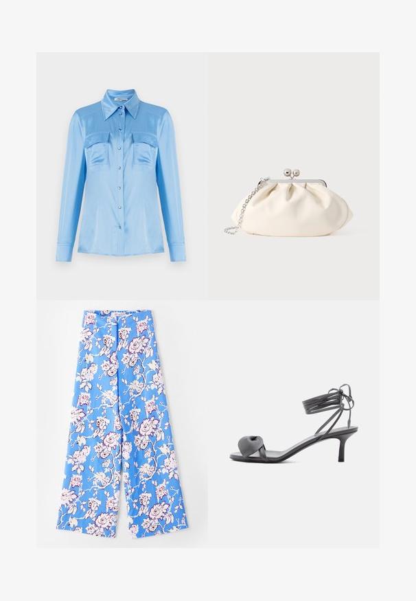Camisa satinada azul claro de botones, con mangas largas, dos bolsillos frontales y un cuello puntiagudo. Presenta botones perlados y una textura suave.; Pantalones florales azules con un patrón de rosas en tonos pastel. La tela es suave, con un corte relajado, piernas anchas y una cinturilla elástica.; Sandalia de tacón de cuero gris con tira anudada en los dedos y cordones que se envuelven alrededor del tobillo, sobre un tacón delgado de altura media, sobre fondo blanco.; Bolso de mano de tela color crema con diseño fruncido, marco metálico plateado, dos bolas decorativas y correa de cadena plateada.