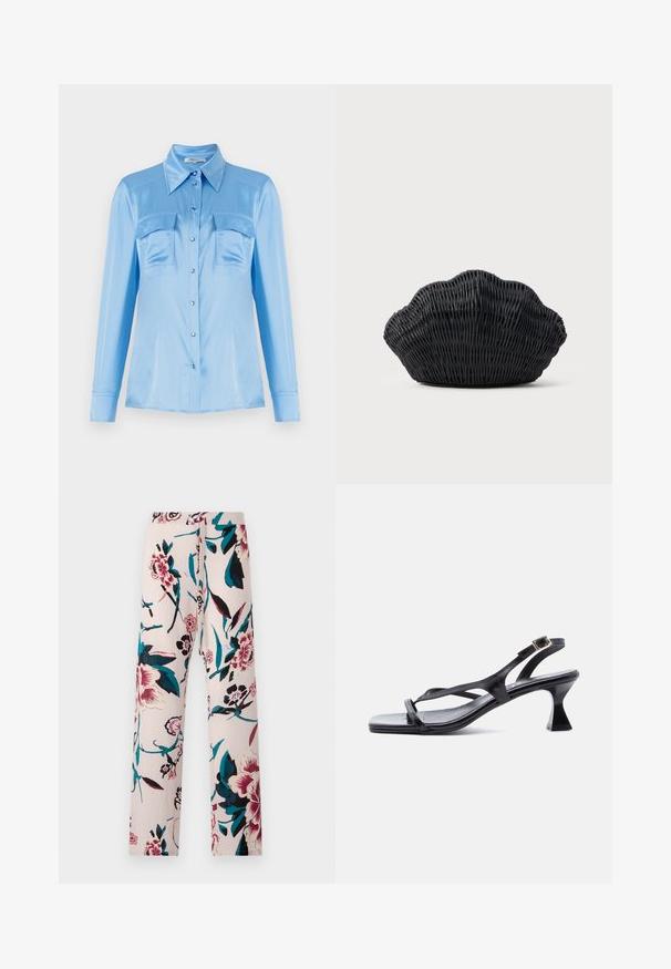 Camisa satinada azul claro de botones, con mangas largas, dos bolsillos frontales y un cuello puntiagudo. Presenta botones perlados y una textura suave.; Diane von Furstenberg DIANE PANT - Pantalones - light pink; Sandalia de mujer de cuero negro con tiras finas, punta cuadrada, hebilla ajustable en el tobillo y tacón acampanado de altura media.; Bolso de mimbre negro con forma de concha de vieira con parte superior curva y textura tejida sobre un fondo liso.