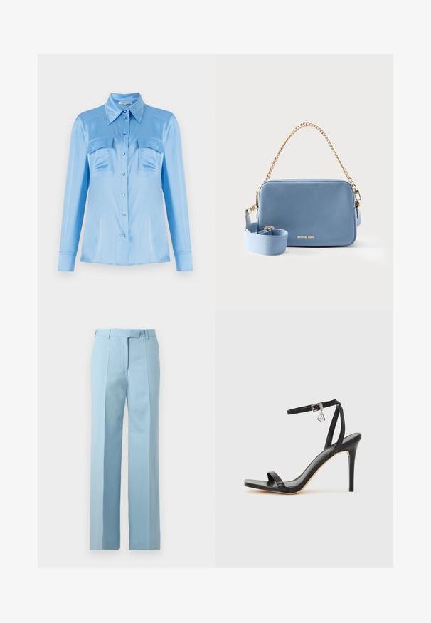 Camisa satinada azul claro de botones, con mangas largas, dos bolsillos frontales y un cuello puntiagudo. Presenta botones perlados y una textura suave.; Pantalones a medida de color azul claro con cintura alta, trabillas, pliegues frontales y corte recto sobre un fondo blanco.; Sandalia de tacón alto negra con una estrecha correa en el tobillo, punta cuadrada, material de cuero liso y detalle de hebilla metálica.; Bolso bandolera rectangular de cuero azul con asa de cadena dorada y correa de tela ajustable, logo de Michael Kors en dorado en el frente.