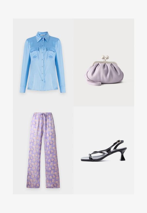 Camisa satinada azul claro de botones, con mangas largas, dos bolsillos frontales y un cuello puntiagudo. Presenta botones perlados y una textura suave.; Pantalones florales de color púrpura claro con cintura elástica y cordón. Presentan una tela suave, diseño de pierna ancha y un patrón de flores rosas y verdes.; Sandalia de mujer de cuero negro con tiras finas, punta cuadrada, hebilla ajustable en el tobillo y tacón acampanado de altura media.; Bolso de mano suave de lavanda con tela recogida, cierre de beso plateado y correa de muñeca a juego sobre un fondo liso y claro.