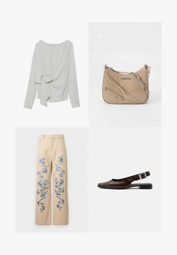 Langsleeve top in lichtbeige linnenmix, met een gedraaide knoopdetails aan één zijde, ronde halslijn en een losse pasvorm.; Beige broek met wijde pijpen met blauw en grijs bloemrijk borduursel dat verticaal op beide pijpen loopt, voorzien van voorzakken en knoopsluiting.; Donkerbruine leren slingback platte schoen met een vierkante neus, krokodillenstructuur en zilveren gesp op de band.; Beige gepatineerd leren tas met een gebogen vorm, voorzien van drie diagonale banden en een zilveren kettinghengsel. Inclusief een ritssluiting en logodetail.