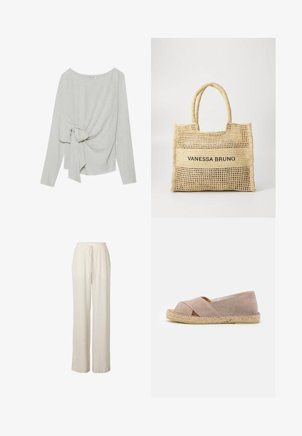 Langsleeve top in lichtbeige linnenmix, met een gedraaide knoopdetails aan één zijde, ronde halslijn en een losse pasvorm.; Loszittende beige linnen broek met elastische tailleband en trekkoord, met rechte pijpen en zijzakken.; Beige suède espadrille met kruisbanden en open teen ontwerp. Jute-wikkelde zool, platte hak en een gladde textuur.; Beige geweven draagtas met twee handvatten en "VANESSA BRUNO" in het zwart gedrukt op een solide geweven paneel in het midden.