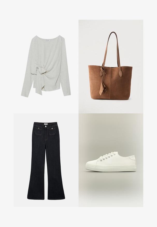 Langsleeve top in lichtbeige linnenmix, met een gedraaide knoopdetails aan één zijde, ronde halslijn en een losse pasvorm.; Flared donkerdenim jeans met een hoge taille, twee voorzakken en oranje stiksels. Het materiaal lijkt stevig en glad.; Witte lage sneaker met witte veters en rubberen zool, zijaanzicht op een neutrale achtergrond.; Bruine suède totebag met twee schouderbanden, een eenvoudig ontwerp en een zijflammendetail. Gladde textuur en gestructureerde vorm.