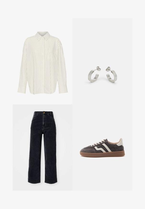 Witte overhemd met smalle zwarte verticale strepen, kraag, lange mouwen, borstzak en recht gesneden met cuffed details.; Hoge taille, wijde zwarte denim jeans met een voorzijde knoopsluiting en twee zijzakken, voorzien van subtiele stikdetails.; Enkele donkergrijze sneaker met witte leren accenten, getextureerde zijkanten, witte veters en een bruine rubberen zool, in profiel weergegeven tegen een effen achtergrond.; Zilveren metalen hoepel oorbellen met een gestructureerd ontwerp, voorzien van een kleine post achter en branding op een van de hoepels. Ronde vorm met een gepolijste afwerking.