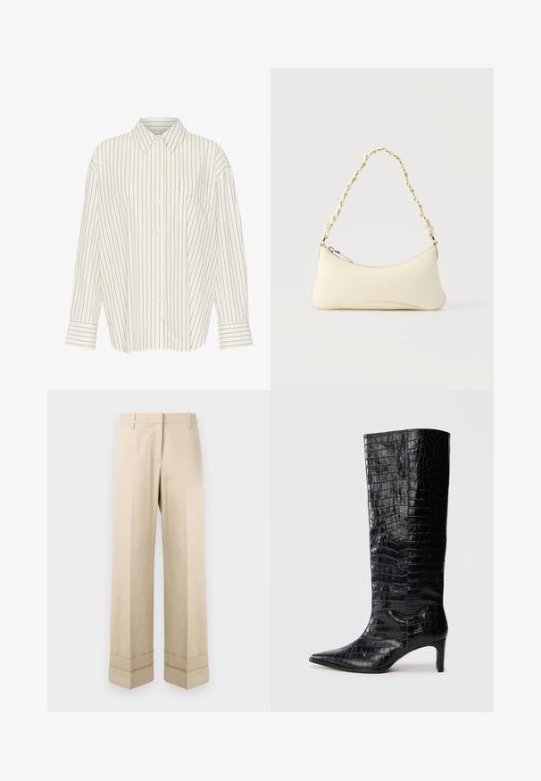 Camisa blanca de botones con estrechas rayas verticales negras, cuello, mangas largas, bolsillo en el pecho y corte recto con detalles en los puños.; Pantalones beige de corte recto, con un doble puño en el dobladillo y un diseño de frente plano. Fabricados en una tela suave y duradera.; Botas negras de media caña con textura brillante de patrón de cocodrilo, punta afilada y tacón cónico. Material sintético liso.; Bolso pequeño de color crema con forma curva y asa de cadena trenzada en tono dorado, cierre con cremallera en la parte superior