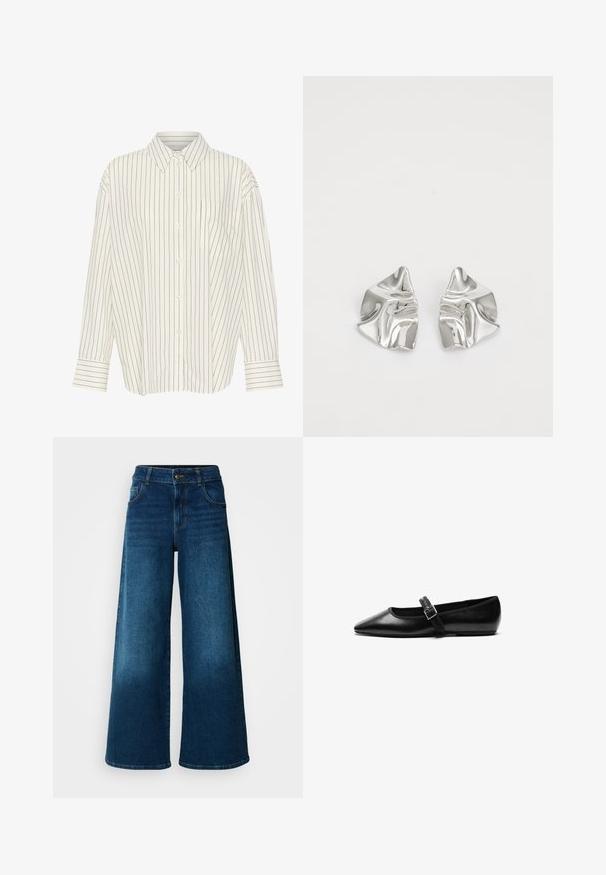 Witte overhemd met smalle zwarte verticale strepen, kraag, lange mouwen, borstzak en recht gesneden met cuffed details.; Wijde jeans van donkerblauwe denim. Heeft een hoge taille, knoopsluiting en klassiek vijf-vakken ontwerp met subtiele vervaging.; Zwarte platte schoen van leer met een spitse neus, verstelbare band met een metalen gesp, een gladde textuur en een minimalistisch ontwerp.; Zilveren metalen oorbellen met een golvend, sculpturaal ontwerp, voorzien van een gepolijste afwerking en onregelmatige vormen, die een hedendaagse esthetiek benadrukken.
