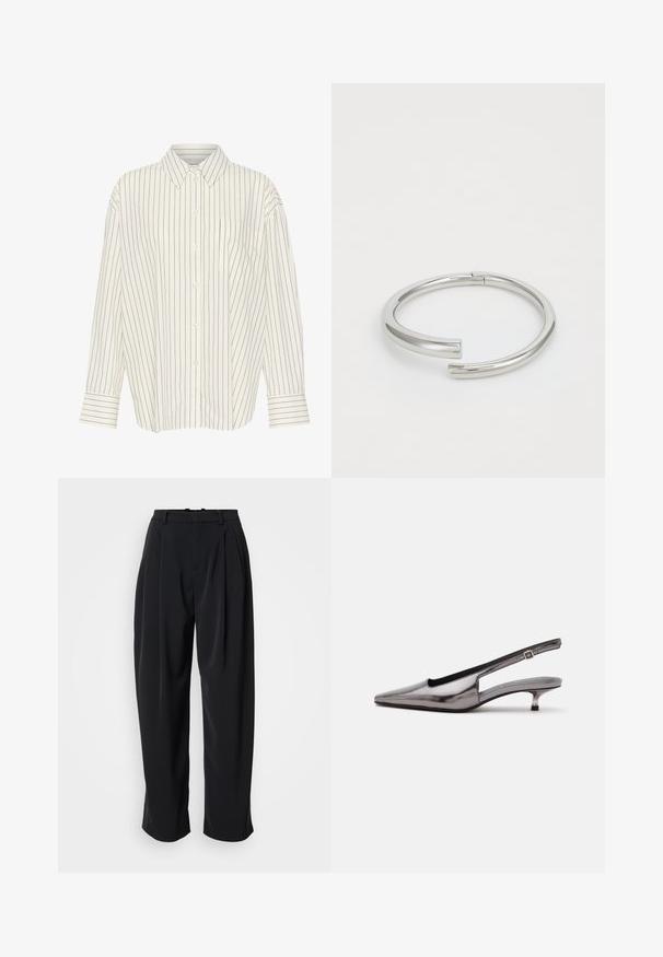 Camisa blanca de botones con estrechas rayas verticales negras, cuello, mangas largas, bolsillo en el pecho y corte recto con detalles en los puños.; DRYKORN INK - Pantalones - black; Zapato slingback gris metálico con punta puntiaguda, tacón bajo tipo kitten y correa ajustable sobre fondo blanco.; Calvin Klein SPIRAL - Pulsera - silver-coloured