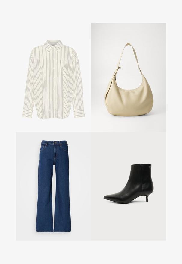 Witte overhemd met smalle zwarte verticale strepen, kraag, lange mouwen, borstzak en recht gesneden met cuffed details.; Donkerblauwe denim wijduitlopende jeans met een hoge taille, vijf zakken en oranje stiksel. Voorzien van een rits en riemlussen.; Zwart leren enkellaars met puntige neus en lage kittenhak op lichte achtergrond, zijaanzicht buitenkant.; Beige leren schoudertas met een gebogen vorm, verstelbare schouderband en reliëf logo detail, met een gladde textuur en een minimalistisch ontwerp.