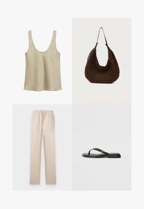 Débardeur beige sans manches avec un col arrondi et un ourlet droit, réalisé en tissu lisse et léger.; Pantalon ample beige clair avec taille élastique et cordon de serrage, jambes droites, en tissu léger.; Tongs noires en cuir lisse, avec un design de sangle fine et une semelle plate à profil minimal. Aucun motif ou accent notables.; Sac à main tressé marron avec une forme douce et arrondie et une seule sangle d'épaule noire mince sur un fond uni.