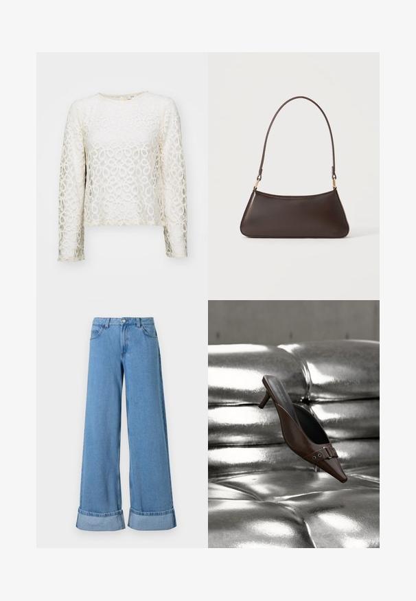 Haut à manches longues en dentelle blanc cassé avec des motifs circulaires, col rond et coupe courte. Caractéristiques d'une texture délicate et d'un éclat subtil.; Jean en denim bleu clair à jambes larges avec une taille haute, des poignets roulés, un design à cinq poches et une fermeture à bouton avec un zip.; Mule à talon brun à bout pointu avec détail boucle flottant au-dessus d'une surface en cuir argenté capitonnée brillante.; Sac à main en cuir marron foncé avec une fermeture éclair incurvée en haut et une fine bandoulière avec des fermoirs dorés sur un fond uni.