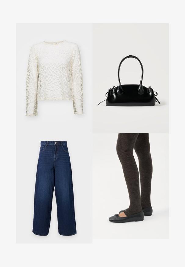 Haut à manches longues en dentelle blanc cassé avec des motifs circulaires, col rond et coupe courte. Caractéristiques d'une texture délicate et d'un éclat subtil.; Jean en denim bleu foncé à jambes larges, taille haute, cinq poches et fermeture à bouton. Le tissu a une texture lisse avec un léger délavage.; Jambes portant des leggings côtelés foncés associés à des ballerines noires avec de petits détails en nœud sur fond blanc.; Petit sac à main noir brillant avec deux longues anses et des détails à cordon sur les côtés sur un fond clair uni.