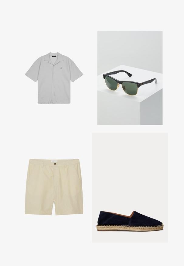 Lysegrå kortærmet skjorte med knapper og spredt krave samt lille "P"-logo på venstre bryst.; Beige shorts lavet af letvægtsstof, med flad front, sidelommer og en enkelt knaplukning ved taljen.; Mørkeblå ruskind espadrille med naturlig jute tov sål og syning ved kanten, flad slip-on stil med lav hæl.; Ray-Ban solbriller med grønne linser, sorte plastikstel og gyldne detaljer ved kanterne. Firkantet form med mat finish.