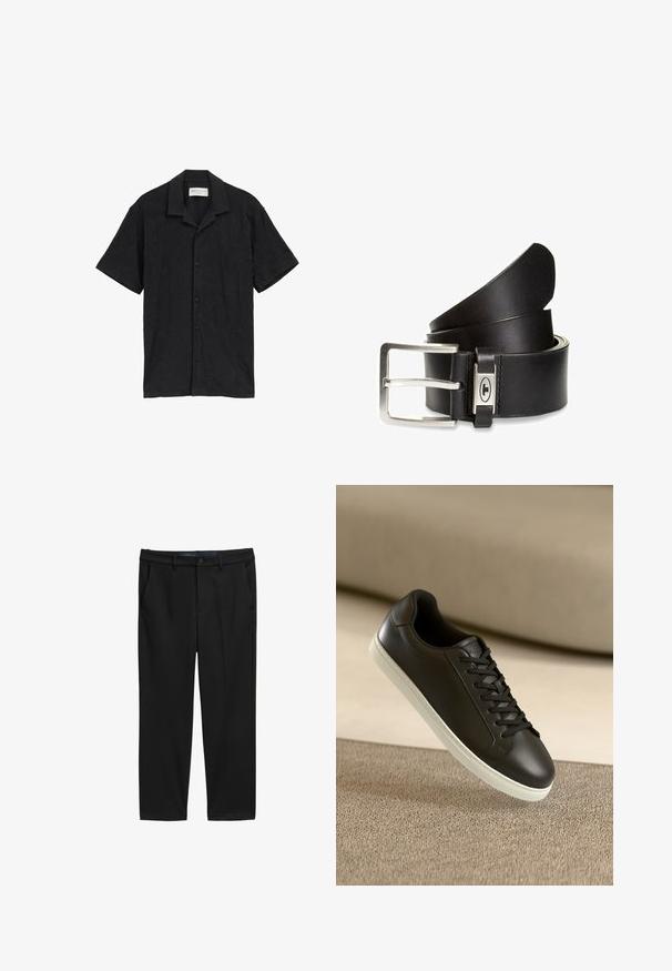 Chemise noire à manches courtes avec un devant à boutons, en tissu texturé avec un motif subtil et un col classique.; Pantalon noir à coupe droite, fabriqué en tissu texturé. Comprend deux poches avant et une fermeture à bouton à la taille.; Baskets en cuir noir avec une semelle en caoutchouc blanc et des lacets noirs, posées sur une surface et un fond en tissu beige.; Ceinture en cuir noir avec une boucle à double ardillon en métal argenté, texture lisse, bande large et coutures près de l'attache de la boucle.