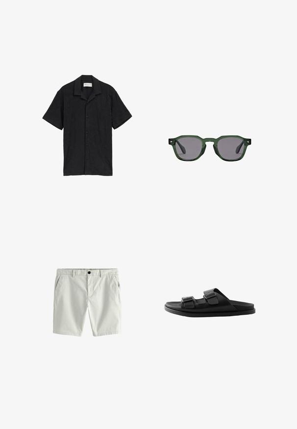 Schwarz Kurzarmhemd mit Knopfverschluss vorne, strukturiertem Stoff mit subtiler Musterung und klassischem Kragen.; Hellgraue Herren-Casual-Shorts mit Gürtelschlaufen, Seitentaschen, Knopfverschluss und Reißverschluss, flach auf weißem Hintergrund dargestellt.; Schwarze Slipper-Sandale mit zwei verstellbaren Schnallenriemen und flacher Sohle, seitlich auf weißem Hintergrund dargestellt.; Rechteckige, dunkelgrüne, transluzente Sonnenbrille mit grauen Gläsern und dezenten silbernen Pfeil-Details an den äußeren Kanten des Gestells.