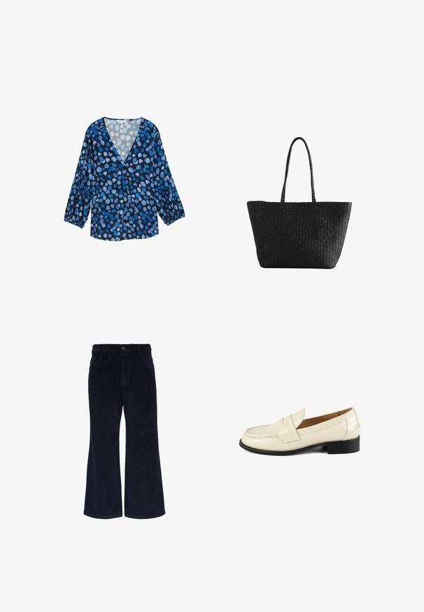 Blauwe en zwarte blouse met een V-hals, lange pofmouwen en een stippenpatroon in verschillende tinten blauw. Lichtgewicht stof met een zachte textuur.; Marineblauwe corduroy broek met wijde pijpen, voorzien van een frontale knoopsluiting en twee zakken. Zachte textuur en gladde afwerking.; Beige patenten leren instappers met een ronde neus en decoratieve stikselaccenten. Voorzien van een lage zwarte hak en een instapontwerp.; Zwarte geweven draagtas met twee lange gevlochten handvatten, een open bovenkant en een rechthoekige bodem.