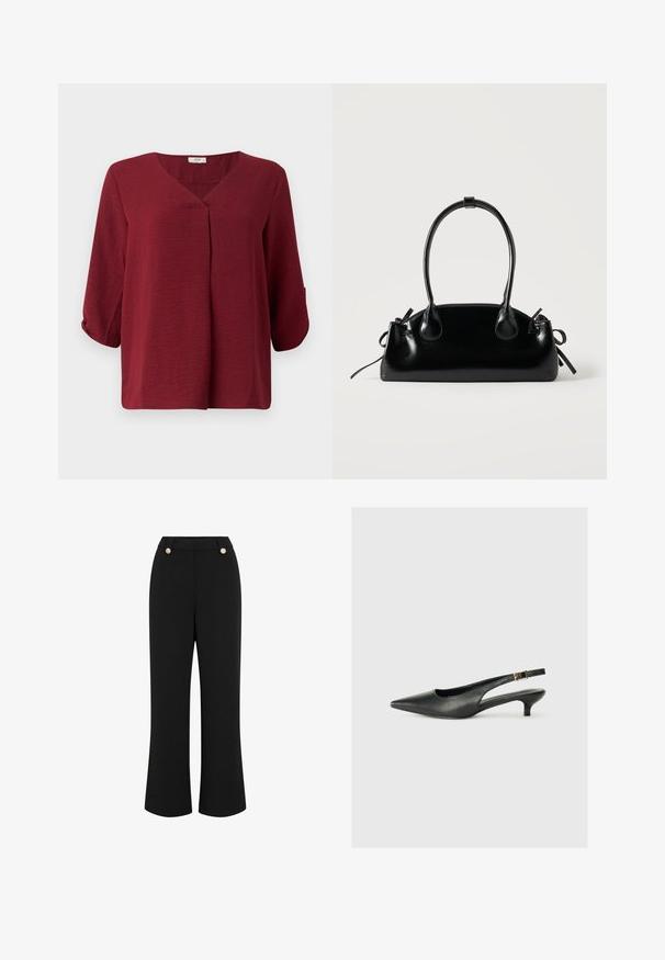 Bordeaux, blouse met driekwart mouwen en V-hals met een plooidetail aan de voorkant. Gemaakt van een lichte, gestructureerde stof met een ontspannen pasvorm.; Zwarte wijde broek met een soepele textuur, met een hoge taille, twee goudkleurige knopen en een getailleerd ontwerp. Geen zichtbare zakken.; Zwarte puntschoen met slingback van soepel leer. Kenmerkt zich door een dunne hak en een gespdetail op de verstelbare band.; Kleine zwarte glanzende handtas met twee lange hengsels en zijkant trekkoord details op een effen lichte achtergrond.