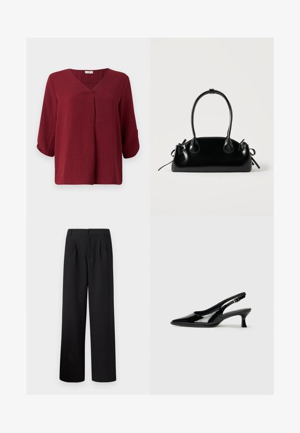 Blusa burdeos de manga tres cuartos con escote en V y detalle de pliegue en el frente. Confeccionada en una tela ligera y texturizada con un corte relajado.; Pantalones anchos negros con pliegues, cintura alta, cierre de botón y textura de tela suave. No hay bolsillos visibles en el diseño.; Zapatos de charol negro tipo slingback con punta afilada y tacón bajo. Correa ajustable con hebilla en el tobillo.; Pequeño bolso negro brillante con dos asas largas y detalles de cordón lateral sobre un fondo claro liso.