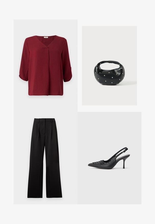 Blusa burdeos de manga tres cuartos con escote en V y detalle de pliegue en el frente. Confeccionada en una tela ligera y texturizada con un corte relajado.; Pantalones de pierna ancha en negro, con una textura suave, que presentan pliegues frontales, una cinturilla plana y presillas para cinturón. Diseño simple y ajustado.; Sandal de tacón stiletto negro de cuero con punta afilada, correa lateral con hebilla, tachuelas a lo largo del borde y cordones decorativos en la parte delantera.; Bolso de mano de cuero negro con forma redondeada, decorado con detalles de tachuelas plateadas y un asa corta. Textura lisa y cierre con cremallera.