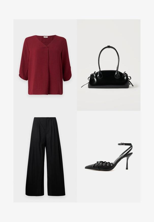 Blusa burdeos de manga tres cuartos con escote en V y detalle de pliegue en el frente. Confeccionada en una tela ligera y texturizada con un corte relajado.; Pantalones de pierna ancha negros con cintura alta, que cuentan con pliegues verticales y cierre de botón. Textura suave, diseño minimalista.; Zapato de tacón alto negro con punta fina, bordes ondulados, ojales metálicos, cordones delanteros y una correa en el tobillo con cierre de hebilla.; Pequeño bolso negro brillante con dos asas largas y detalles de cordón lateral sobre un fondo claro liso.