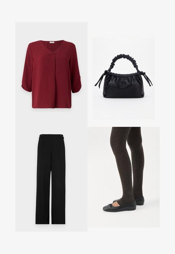 Blusa burdeos de manga tres cuartos con escote en V y detalle de pliegue en el frente. Confeccionada en una tela ligera y texturizada con un corte relajado.; Pantalones de pierna ancha negros con frente plano, dos botones en la cintura y una textura de tela suave. Ajuste entallado con pinzas para dar forma.; Piernas con leggings oscuros acanalados combinados con bailarinas negras que presentan pequeños detalles de lazo sobre un fondo blanco.; Bolso negro con textura de cocodrilo, borde superior fruncido, asa recogida y cordones con borlas en cada lado sobre un fondo blanco.