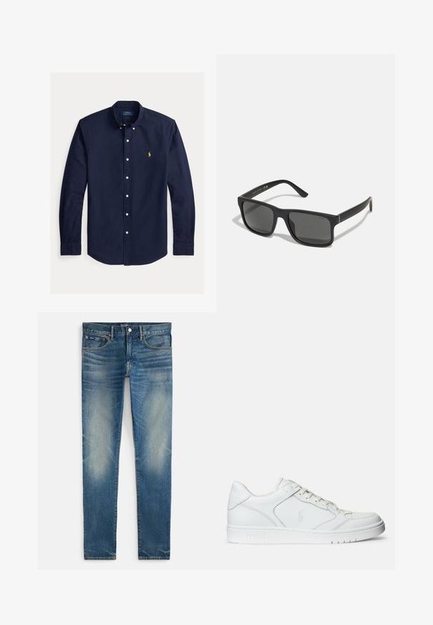 Marineblauw overhemd met lange mouwen en knopen, een button-down kraag en een klein geel Polo Ralph Lauren-logo op de linkerborst.; Blauwe vervaagde slim-fit jeans met knoop- en ritssluiting, voorzakken en klein muntzakje, plat gelegd op een witte achtergrond.; Witte leren sneaker met een gladde textuur, voorzien van een geperforeerde neus, vetersluiting en geborduurde logo aan de zijkant. Witte rubberen zool.; Zwarte rechthoekige zonnebril met donkere lenzen en matte afwerking. Voorzien van het ingekruide "POLO"-logo op de armen en een robuust frameontwerp.