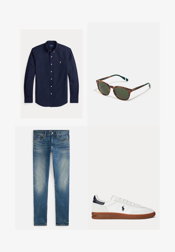 Marineblaues langärmliges Hemd mit Knopfleiste, Button-Down-Kragen und kleinem gelben Polo Ralph Lauren Logo auf der linken Brust.; Blaue, verwaschene Slim-Fit-Jeans mit Knopf- und Reißverschluss, vorne mit Haupt- und kleinem Münztaschen, flach auf weißem Hintergrund liegend dargestellt.; Weißer Sneaker mit niedrigem Schaft, brauner Sohle, schwarzem Fersenpatch, besticktem Polo-Spieler-Logo und weißen Schnürsenkeln.; Schildkrötensonnenbrille mit grünen Gläsern, runder Form, goldenen Akzenten und dunkelgrünen Bügeln mit einem weißen Streifen.