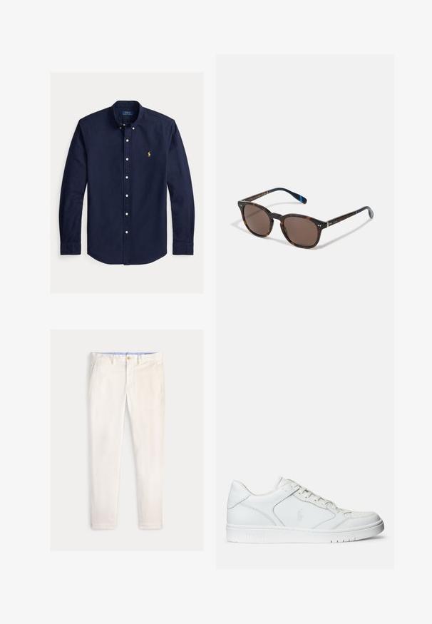 Marineblaues langärmliges Hemd mit Knopfleiste, Button-Down-Kragen und kleinem gelben Polo Ralph Lauren Logo auf der linken Brust.; Herren Slim-Fit-Hose in Off-White mit Fronttaschen, Gürtelschlaufen und Knopfverschluss vor einfarbigem Hintergrund.; Weißer Ledersneaker mit glatter Textur, ausgestattet mit einer perforierten Zehenpartie, Schnürverschluss und gesticktem Logo an der Seite. Weiße Gummisohle.; Schildpatt-Sonnenbrille mit dunkelbraunen Gläsern, quadratischen Rahmen, Metallelementen und dunkelblauen Bügelspitzen, die ein Logo an der Seite aufweist.