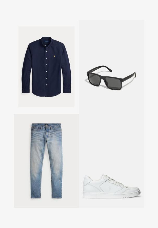 Tmavomodrá košeľa s dlhým rukávom na gombíky s golierom na gombíky a malým žltým logom Polo Ralph Lauren na ľavej strane hrudníka.; Svetlomodré denimové nohavice s bledým povrchom, dizajnom na päť vreciek a kontrastným prešívaním. Obsahujú zips a pútka na opasok. Rovný strih.; Biele kožené tenisky s hladkým povrchom, obsahujúce perforovanú špičku, šnúrkové uzatvorenie a vyšívané logo na boku. Biela gumová podrážka.; Čierne obdĺžnikové slnečné okuliare s tmavými sklami a matným povrchom. Obsahujú vyrazené logo "POLO" na ramenách a pevnú konštrukciu.
