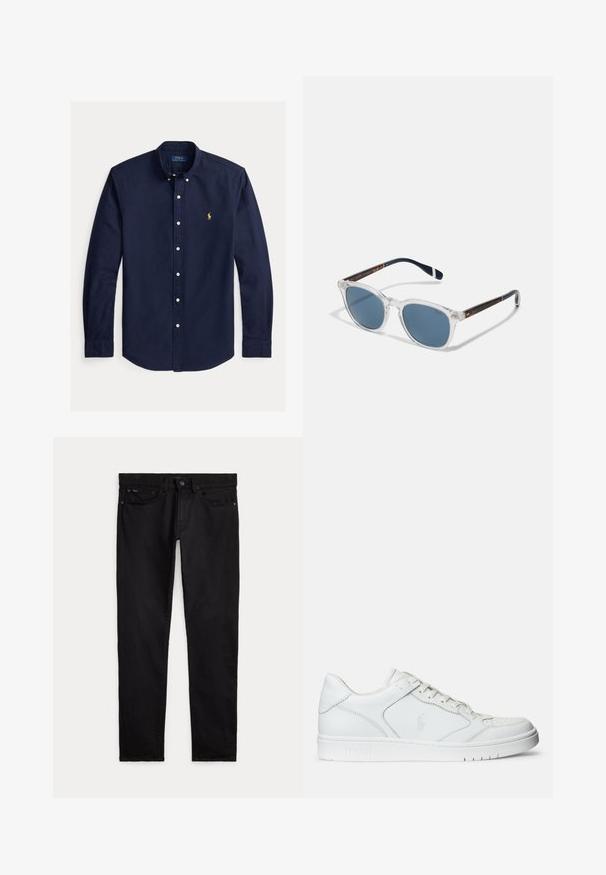 Mørkeblå skjorte med lange ærmer, knapper foran, knappede kraver og lille gul Polo Ralph Lauren logo på venstre bryst.; Sorte slim-fit jeans med for- og baglommer, bæltestropper samt knap- og lynlåslukning lagt fladt på en hvid baggrund.; Hvide lædersneakers med en glat tekstur, der har en perforeret tå, snørebåndslukning og broderet logo på siden. Hvid gummisål.; Polo Ralph Lauren 0PH4206 - Solbriller - shiny/transparent