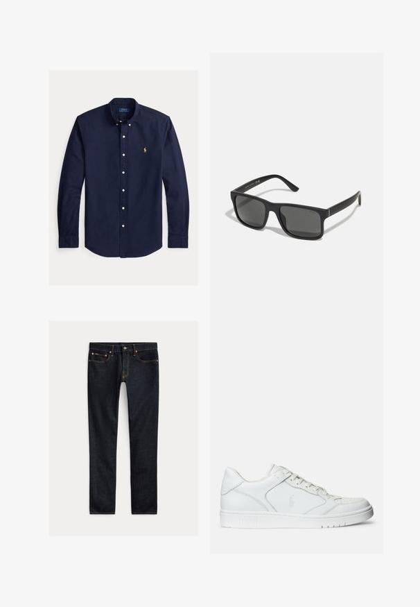 Tmavomodrá košeľa s dlhým rukávom na gombíky s golierom na gombíky a malým žltým logom Polo Ralph Lauren na ľavej strane hrudníka.; Tmavomodré slim-fit džínsy s piatimi vreckami, zapínaním na gombíky a kontrastným prešívaním, položené na svetlom pozadí.; Biele kožené tenisky s hladkým povrchom, obsahujúce perforovanú špičku, šnúrkové uzatvorenie a vyšívané logo na boku. Biela gumová podrážka.; Čierne obdĺžnikové slnečné okuliare s tmavými sklami a matným povrchom. Obsahujú vyrazené logo "POLO" na ramenách a pevnú konštrukciu.