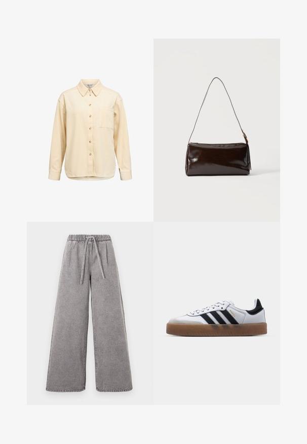 Chemise à manches longues, boutonnée, en velours côtelé beige clair avec col, poche poitrine unique et texture côtelée. Boutons en bois en détail.; Pantalon large en denim gris avec taille élastique et cordon de serrage à l'avant, présenté à plat sur fond blanc.; Baskets en cuir blanc avec des rayures noires, semelle extérieure en caoutchouc beige, bout rond, fermeture lacée et embout en suède gris doux.; Sac à bandoulière rectangulaire en cuir marron foncé avec une seule sangle fine et une boucle dorée sur un fond uni.