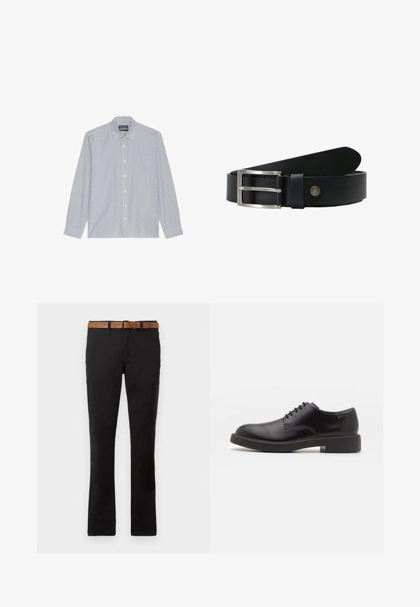 Blå- og hvidstribet button-up skjorte med spread collar, lange ærmer og plastknapper. Blødt stof med vertikal mønsterdetalje.; Sorte bomulds chinos med lige ben-design, der har et brunt læderbælte. Glat tekstur, klassiske forlommer og bæltestropper.; Sorte læder snørestøvle med rund tå, glat tekstur, minimal syning og lav gummihæl. Logo på hælen.; Sort læderbælte med en metalknap i sølvfarve, der har en glat tekstur og afrundede kanter. Inkluderer et brandaccent på remmen.