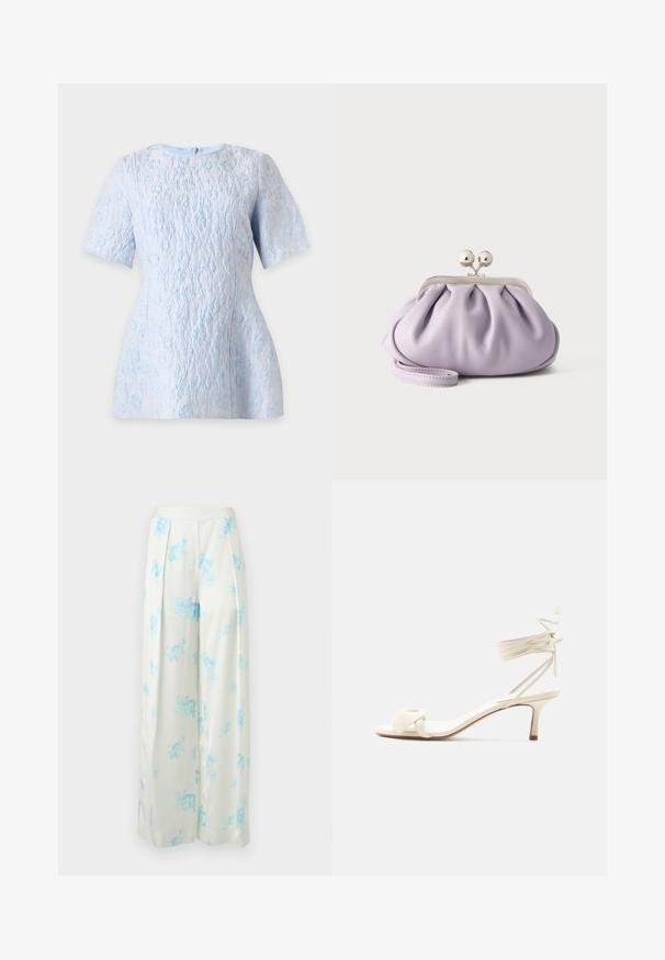 Blouse bleu clair texturée à manches courtes avec un motif floral subtil, encolure bateau et fermeture éclair au dos.; Pantalon blanc à jambes larges avec imprimé floral bleu clair, devant plissé, et taille haute sur fond uni.; Sandale à talon bas de couleur crème avec des liens à nouer autour de la cheville et une large bride torsadée sur les orteils, sur un fond blanc uni.; Pochette lavande douce avec tissu froncé, fermoir kiss-lock argenté et bracelet assorti sur un fond clair uni.