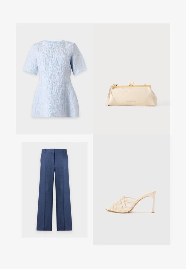 Blouse bleu clair texturée à manches courtes avec un motif floral subtil, encolure bateau et fermeture éclair au dos.; Pantalon bleu à jambes larges, coupe sur mesure, avec passants de ceinture, pli à l'avant et fermeture avant dissimulée sur fond blanc.; Mules à talons hauts beiges avec un design à lanières. Présentent un bout carré, une texture lisse et un talon élancé avec un accent doré à la base.; Pochette rectangulaire couleur crème avec cadre en métal doré, fermoir rond, anse courte et logo VALENTINO sur le devant.