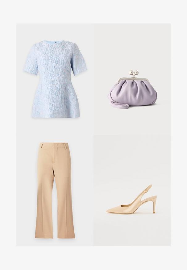 Blouse bleu clair texturée à manches courtes avec un motif floral subtil, encolure bateau et fermeture éclair au dos.; Pantalons larges beiges avec une texture lisse, dotés d'une taille mi-haute et de plis avant nets. Design simple, sans ornementation visible.; Escarpin slingback en cuir verni nude avec un bout pointu, un décolleté ouvert et un talon aiguille fin. Comprend un accent doré circulaire sur la sangle.; Pochette lavande douce avec tissu froncé, fermoir kiss-lock argenté et bracelet assorti sur un fond clair uni.