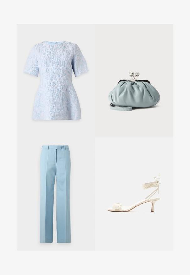 Blouse bleu clair texturée à manches courtes avec un motif floral subtil, encolure bateau et fermeture éclair au dos.; Pantalon bleu clair sur mesure avec taille haute, passants de ceinture, plis devant et coupe droite sur fond blanc.; Sandale à talon bas de couleur crème avec des liens à nouer autour de la cheville et une large bride torsadée sur les orteils, sur un fond blanc uni.; Petit porte-monnaie en cuir bleu clair avec fermoir métallique argenté de type kiss-lock et court bracelet de poignet sur fond uni.