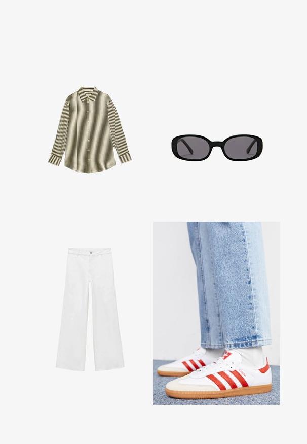 Både skjorte med lodrette sorte og creme striber, en klassisk krave og lange ærmer med knaplukning samt en buet kant.; Hvide, vide jeans med knaplukning og fem lommer, fremstillet af denim med en glat tekstur, der har et klassisk design.; Hvide lædersneakers med røde striber og accenter. Har en tekstureret gummisål og polstret krave. Bæres med lyseblå denim.; Sorte ovale solbriller med tykke stel og mørke glas vist på en ensfarvet hvid baggrund.