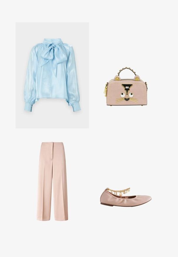 Lyseblå satinv blouse med høj krave og stor sløjfedetalje ved halsen. Har pufærmede lange ærmer og tætsiddende manchetter. Glat tekstur.; Beige viddebukser med højtaljede, frontplisseringer og skjult lynlåslukning, vist mod en hvid baggrund.; Lyserød balletflat med en guld kæde rundt om anklen, der har forskellige små dekorative charms.; Lyserød håndtaske formet som et katteansigt med detaljer i guldnitter, glitrende katteører, en hjerteformet næse og et gyldent håndtag.