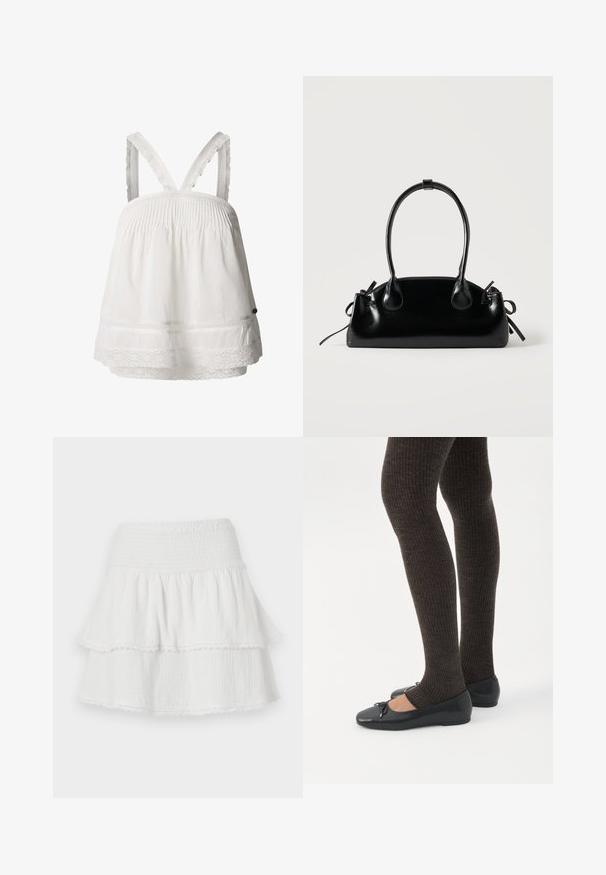Top blanco de algodón con detalle de smocking, encaje en el dobladillo y tirantes ajustables con volantes. Tejido ligero, corte relajado.; Minifalda blanca con volantes, cinturilla elástica fruncida y delicado ribete de encaje en el dobladillo de cada volante.; Piernas con leggings oscuros acanalados combinados con bailarinas negras que presentan pequeños detalles de lazo sobre un fondo blanco.; Pequeño bolso negro brillante con dos asas largas y detalles de cordón lateral sobre un fondo claro liso.
