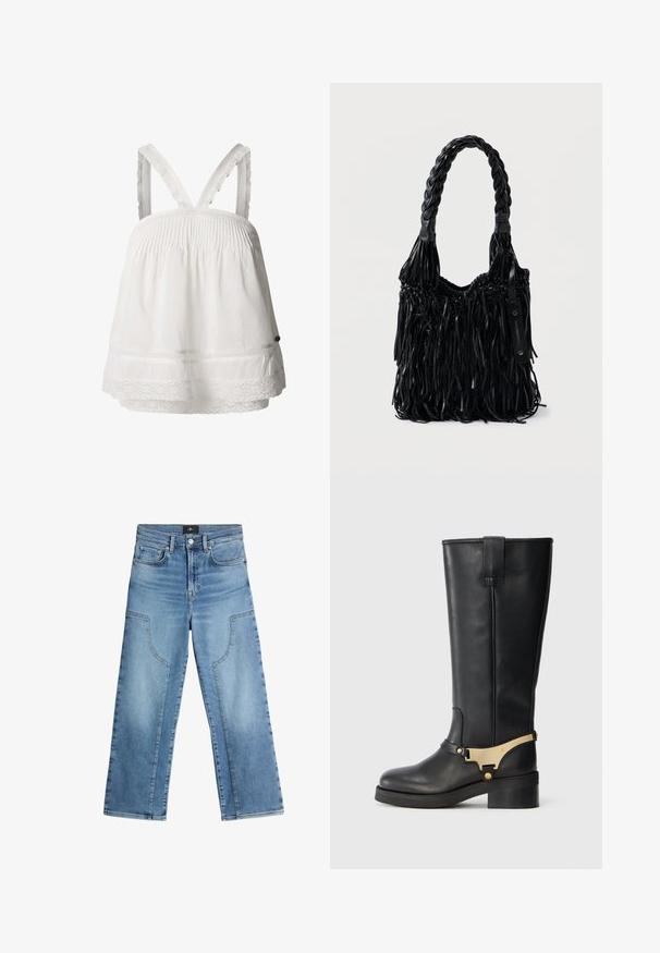 Weißes Baumwolloberteil mit Rüschendetail, Spitzensaum am Saum und verstellbaren Rüschenträgern. Leichter Stoff, lockere Passform.; Helle blaue Denim-Weitbeinjeans mit hoher Taille, zwei Vordertaschen, kontrastierender Naht und einer Knopfverschluss an der Taille.; Schwarze knielange Stiefel aus Leder mit einem goldenen metallischen Akzentgurt, dicker Absatz und flacher Sohle, sowie einer verstärkten Rückenschlaufe.; Schwarze geflochtene Handtasche mit geflochtenem Griff und langen Fransen. Hergestellt aus strukturiertem Material, mit einem seitlichen Anhängerakzent.