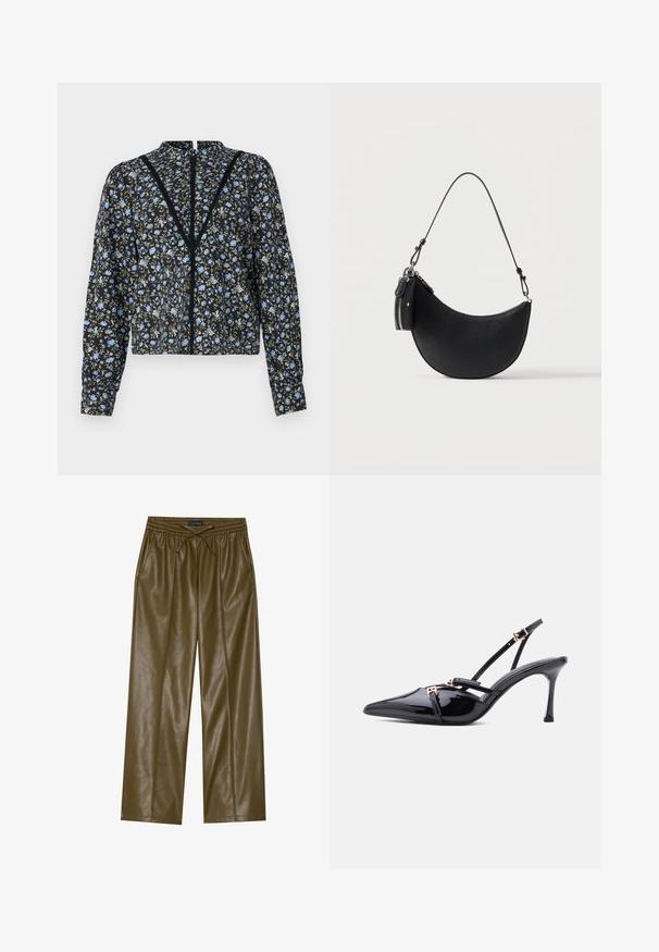 Sort blomstret bluse med lyseblå og grønne mønstre, lange ærmer, høj halsudskæring og en central lukning med blonde detaljer.; Olivenfarvede faux læder buks med vidde ben, elastisk talje og justerbar snøring. Har to sidelommer og en glat tekstur.; Sort laklæder spids tå slingback-hæl med tynde stropper og små spænder i guldton på en hvid baggrund.; Sort halvmåneformet håndtaske med aftagelig rem og lille lynlåslomme på siden, tekstureret læderoverflade.