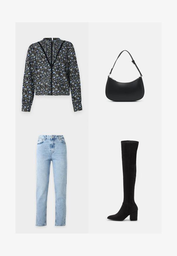 Sort blomstret bluse med lyseblå og grønne mønstre, lange ærmer, høj halsudskæring og en central lukning med blonde detaljer.; Lyseblå højtaljede straight-leg jeans med knapper foran og lynlås, for- og baglommer, vist på hvid baggrund.; Sorte ruskind over knæ støvler med spids tå og en chunky hæl. Glat tekstur med et slankt, tætsiddende design og minimal syning.; Pieces PCALUANA SHOULDER BAG - Håndtasker - black