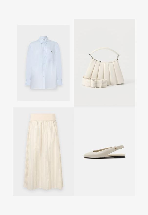 Chemise bleu clair à manches longues avec boutons, poche poitrine et petit logo crocodile vert sur la poche.; Jupe crème plissée avec fines rayures verticales, dotée d'une ceinture élastique douce. Fabriquée en tissu léger pour le confort.; Chaussure plate slingback en cuir couleur crème avec un bout arrondi et un petit emblème doré sur la bride.; Sac à main blanc plissé avec poignée courte et une large bandoulière amovible texturée avec boucle argentée.