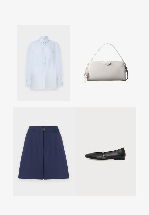 Chemise bleu clair à manches longues avec boutons, poche poitrine et petit logo crocodile vert sur la poche.; Shorts ajustés bleu marine avec une ceinture, dotés d'une passante de ceinture, de détails plissés et d'une texture de tissu lisse. Coupe droite standard.; Chaussure plate en cuir noir avec bout arrondi et petit détail de boucle dorée sur le côté, présentée sur un fond clair uni.; Sac à main rectangulaire blanc Calvin Klein avec une seule poignée, design minimaliste et pampilles décoratives avec un charm métallique géométrique sur le côté.