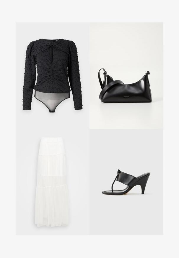 Hofmann Copenhagen EXCLUSIVE ALEXANDRA - Pluus - black; Valge mitme kihiga maxi seelik elastse vöökohtaga. Valmistatud kergest kangast, omab poolläbipaistvaid kihte ja voolavat disaini.; Mustad kõrge kontsaga sandaal, millel on lai esirihm ja varbatsilmaga sõlmitud nöördetail, kujutatud valgel taustal külgprofiilis.; Mustmust nahkaga kott sileda tekstuuriga. Omab reguleeritavat rihma ja sujuvat, minimalistlikku disaini, millel on lukuga sulgemine.
