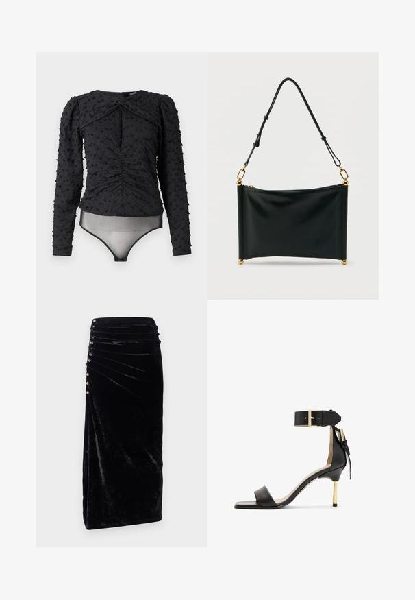 Hofmann Copenhagen EXCLUSIVE ALEXANDRA - Blusa - black; Rabanne Falda de tubo - black; Sándal de tacón de cuero negro con punta cuadrada, correa en el tobillo con hebilla dorada y un tacón metálico esbelto. Textura suave, diseño minimalista.; Bolso rectangular de cuero negro con correa ajustable, herrajes dorados y cierre de cremallera, colocado en posición vertical sobre un fondo blanco.
